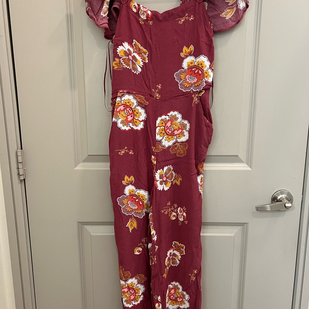 LOFT Burgundy Floral Jumpsuit